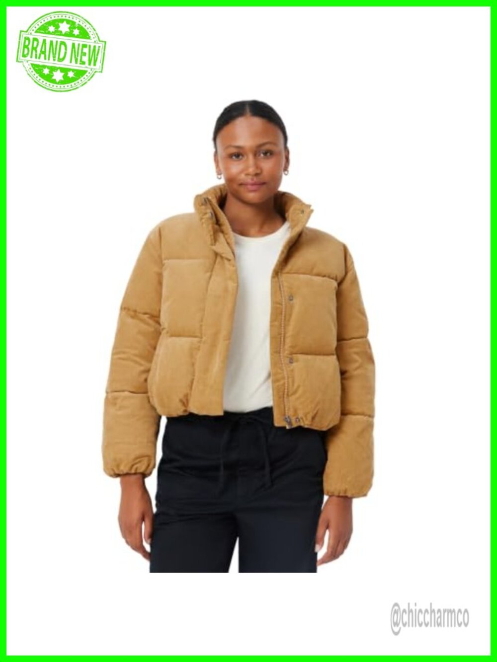 Essentials Women's Relaxed-Fit Cropped Full-Zip Puffer Jacket Corduroy